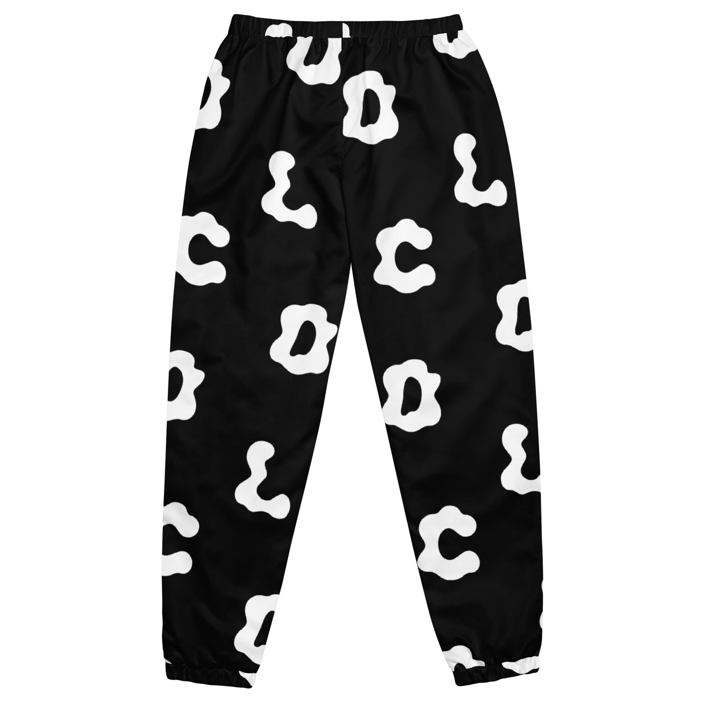 Black track pant with white lettering all over