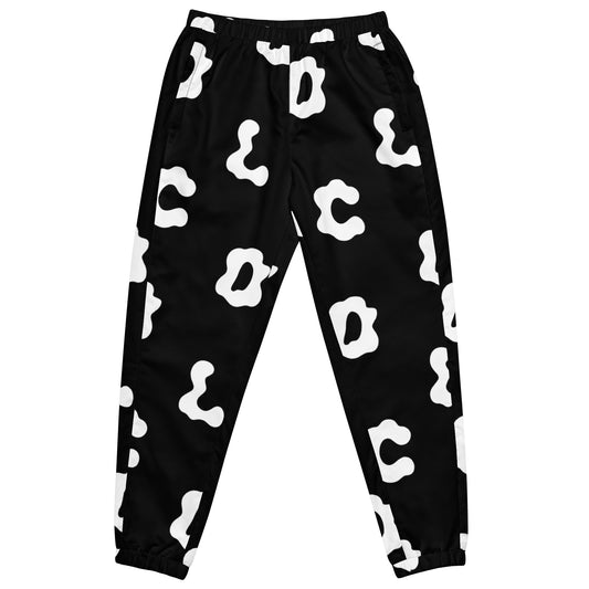 Black track pant with white lettering all over