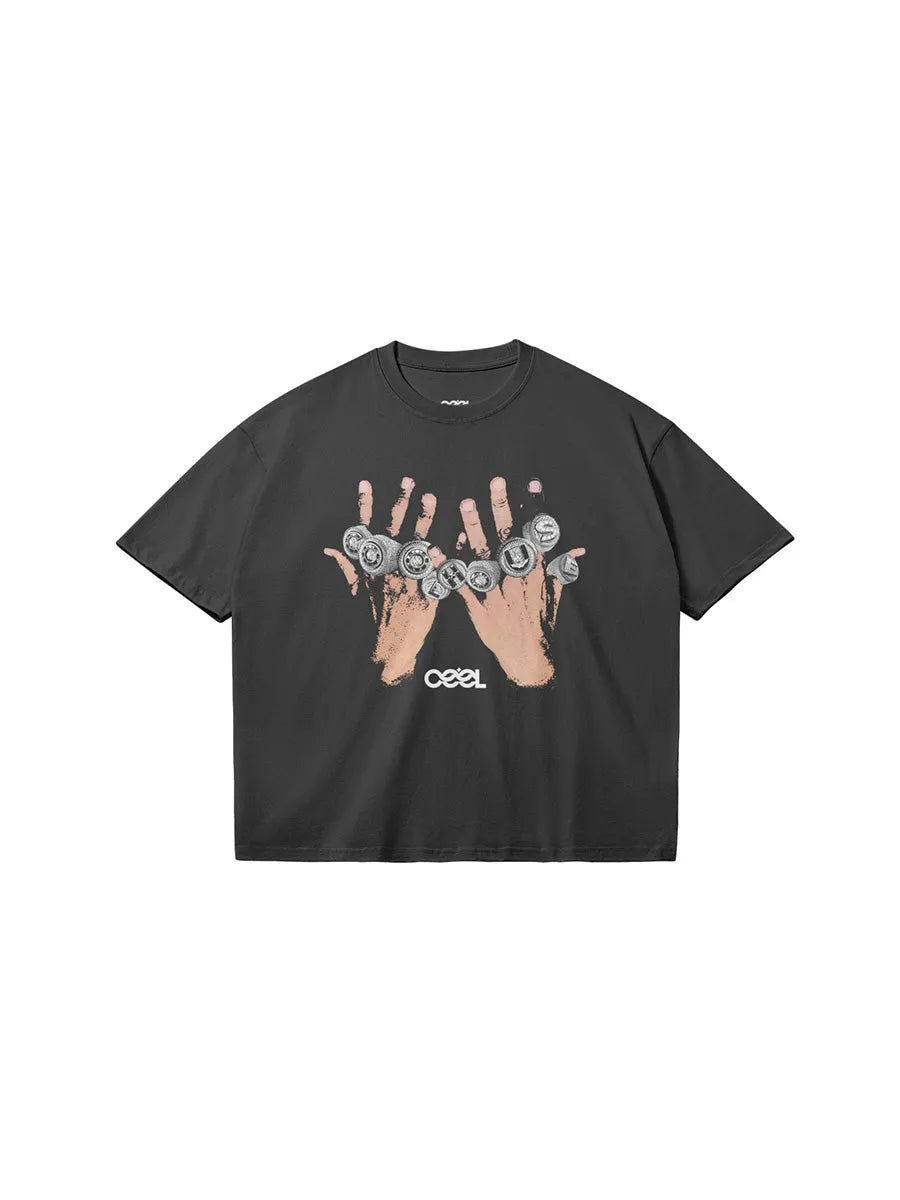 cool house 9 rings tee - Streetwear graphic t-shirt with diamond rings on fingers spelling out cool house 