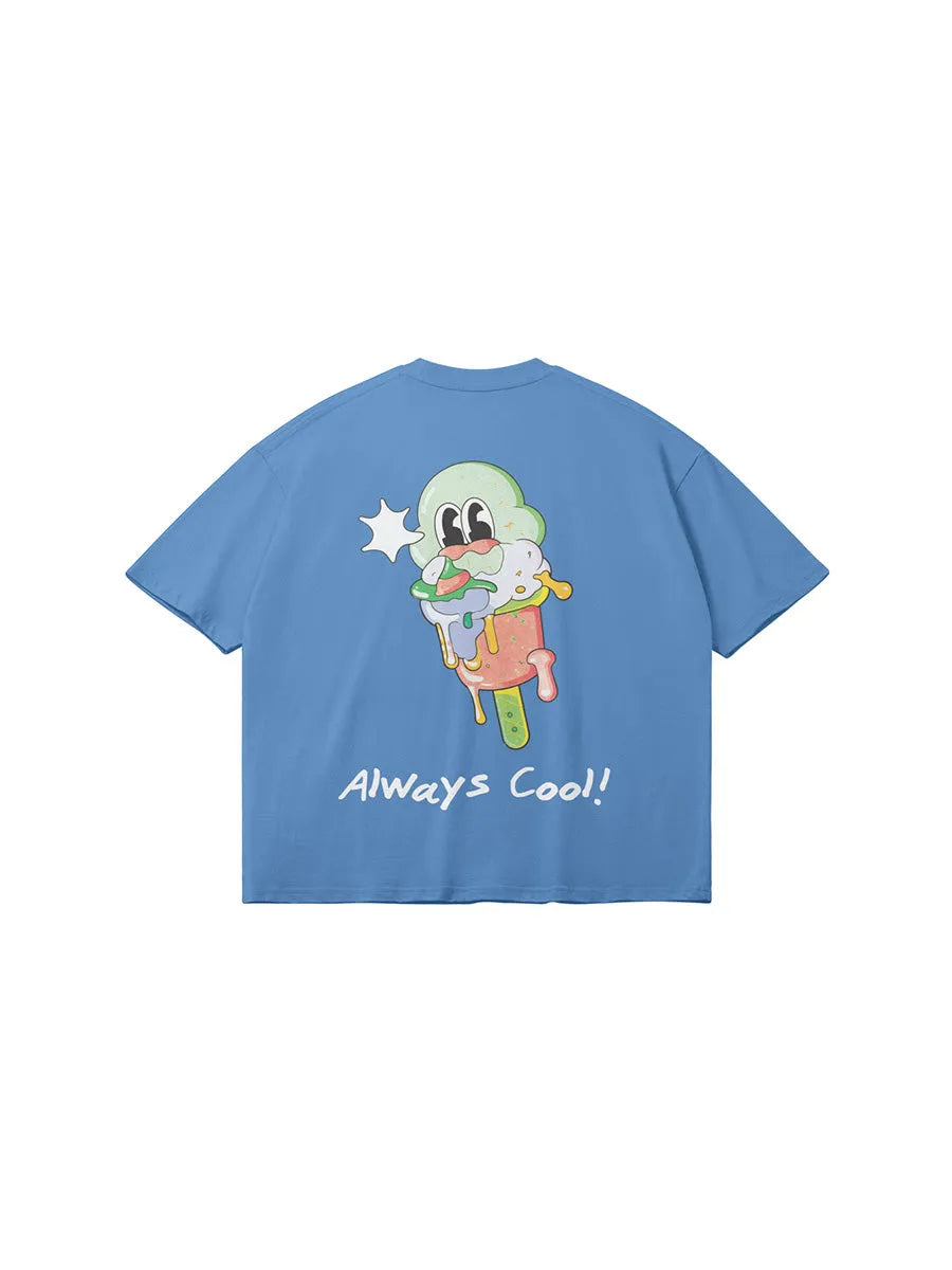 cool house always cool streetwear graphic tee in blue, melting ice cream graphic on back