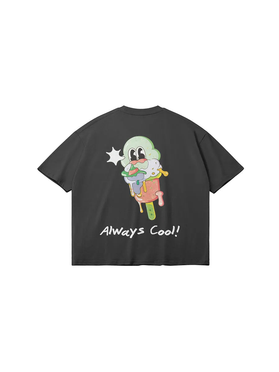 cool house always cool streetwear graphic tee in black, melting ice cream graphic on back