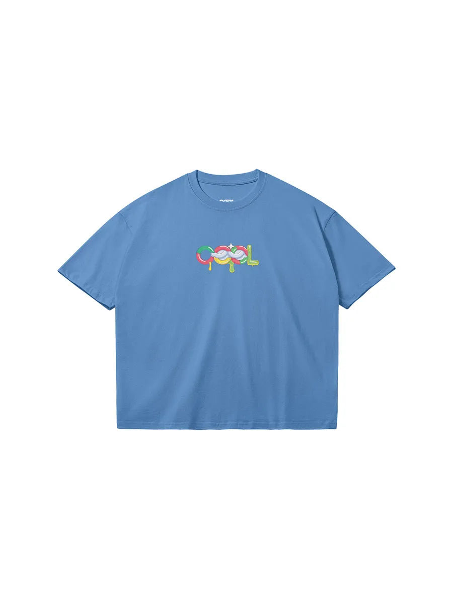 cool house always cool streetwear graphic tee in blue, melting logo on front