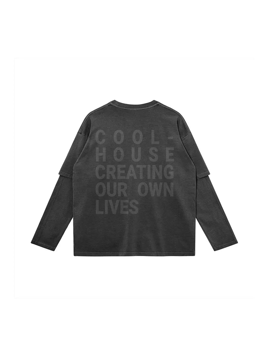 Cool House billboard long sleeve tee in dark gray with back view - Streetwear graphic shirt creating our own lives