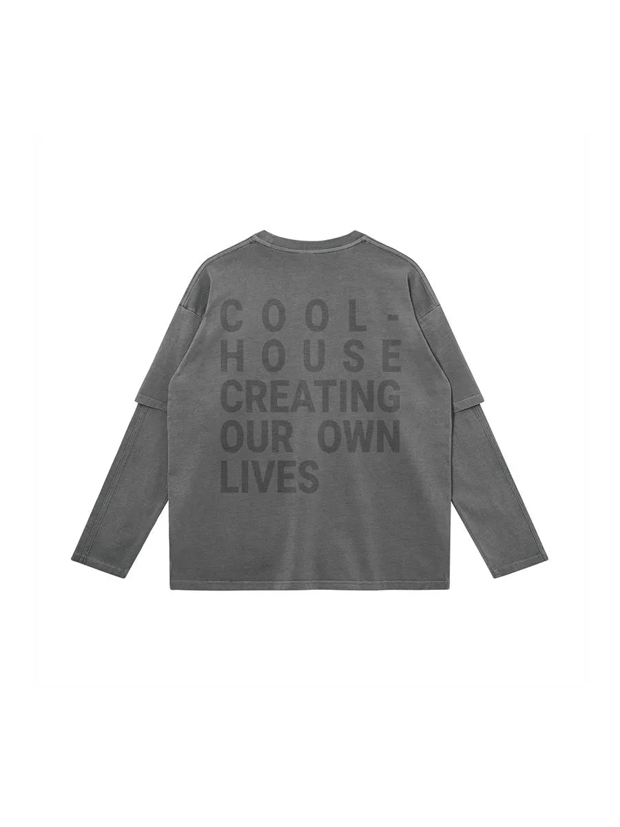 Cool House billboard long sleeve tee in gray with back view - Streetwear graphic shirt creating our own lives