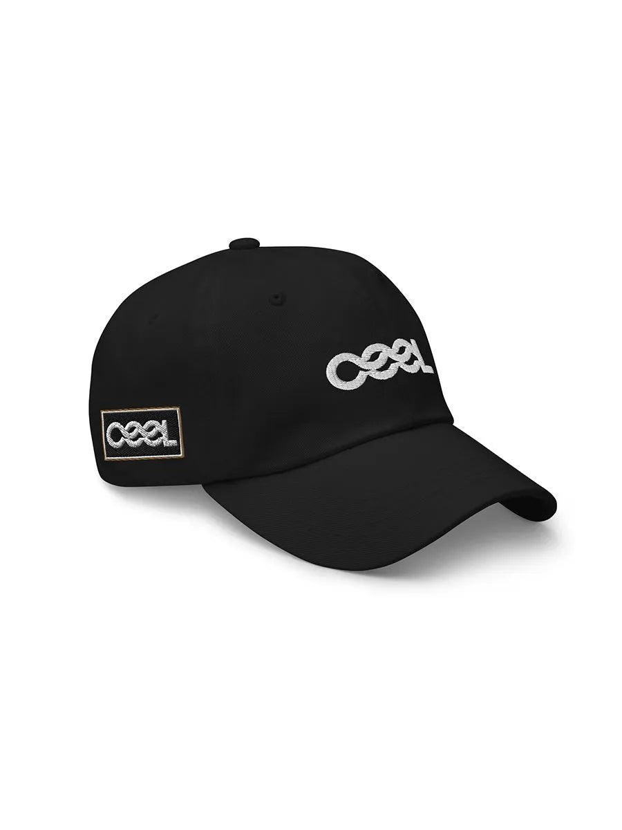 cool house black sports cap - angle view with white embroidered cool logo