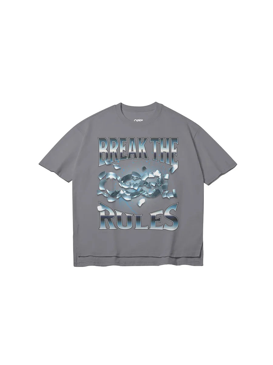 cool house break the rules streetwear graphic tee in gray, break the rules and logo in glass graphic on front