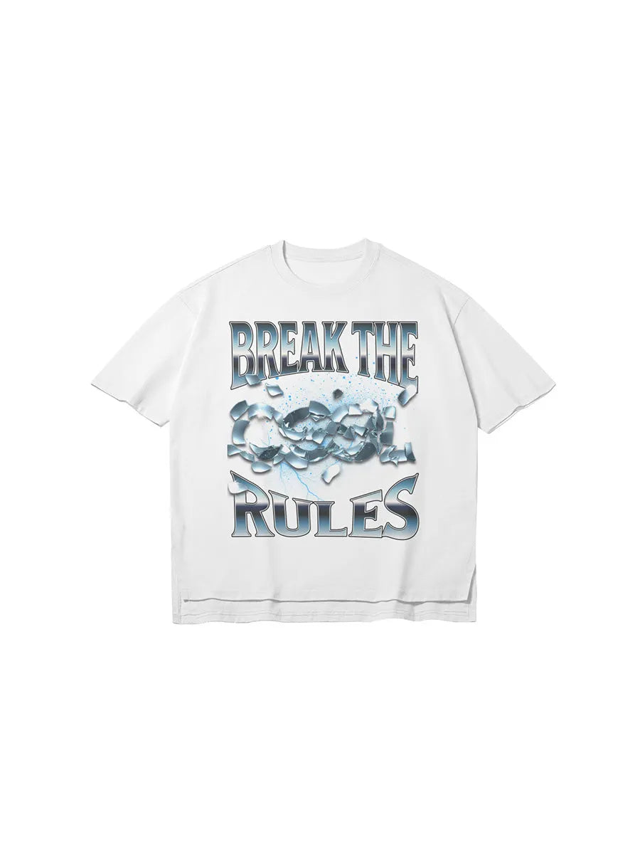 cool house break the rules streetwear graphic tee in white, break the rules and logo in glass graphic on front