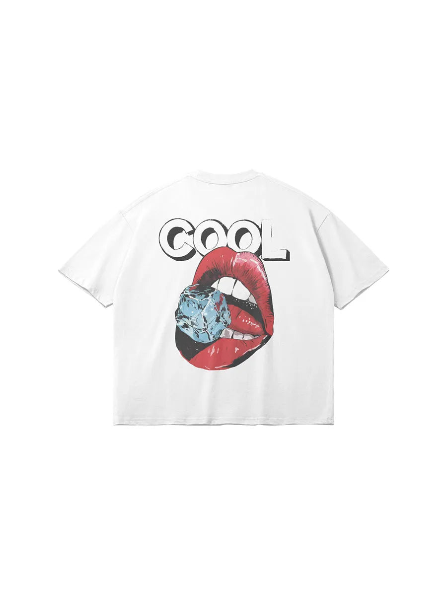 Cool House cool lips tee in white with back view - Streetwear graphic t-shirt lips and ice with the word cool above