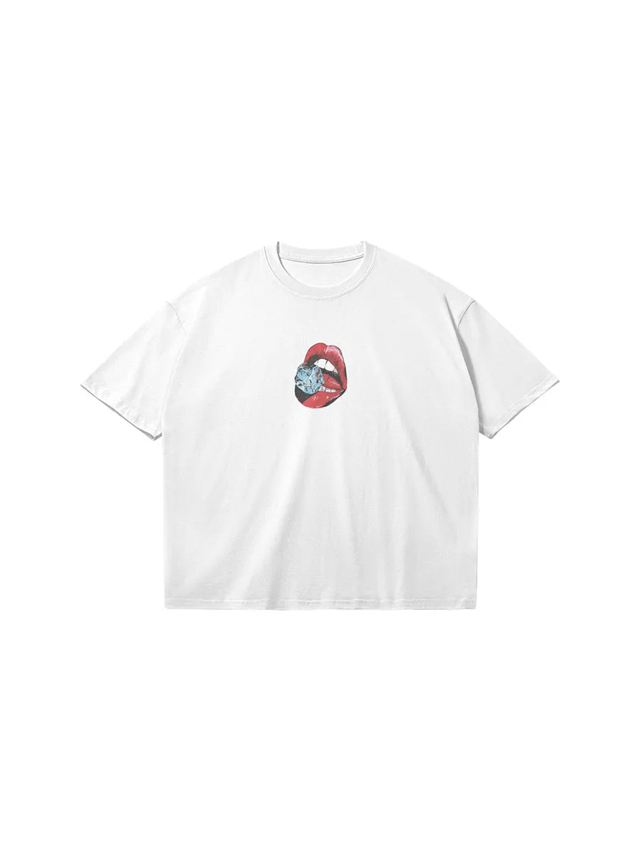 Cool House cool lips tee in white with front view - Streetwear graphic t-shirt lips and ice 