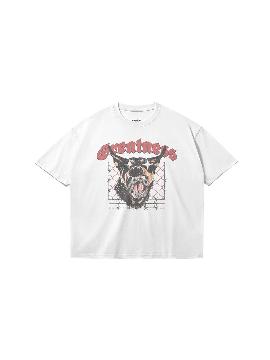 cool house seek greatness streetwear graphic tee in white, mascot &amp; greatness graphic on front 