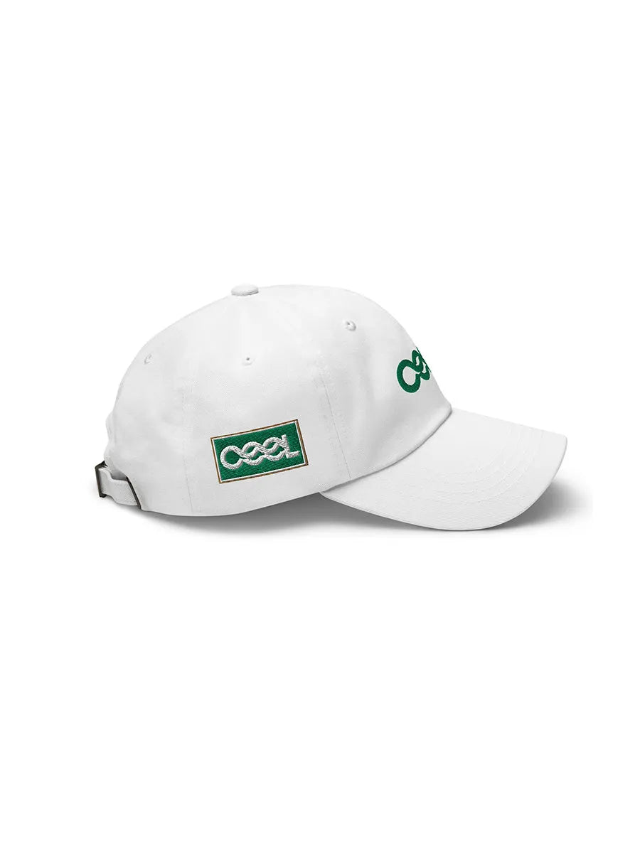 cool house white sports cap - side view white and green logo