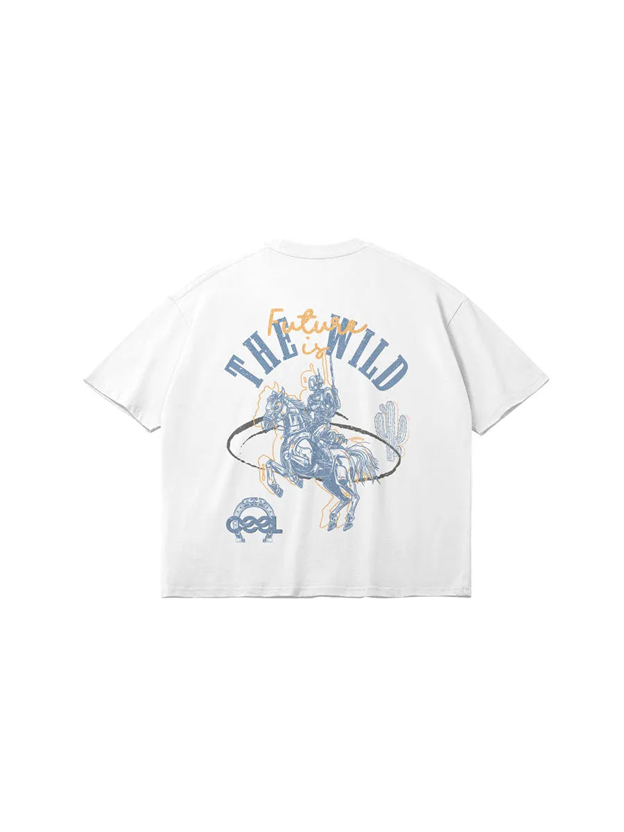 cool house wild future tee - Streetwear graphic t-shirt with futuristic cowboy design on back 