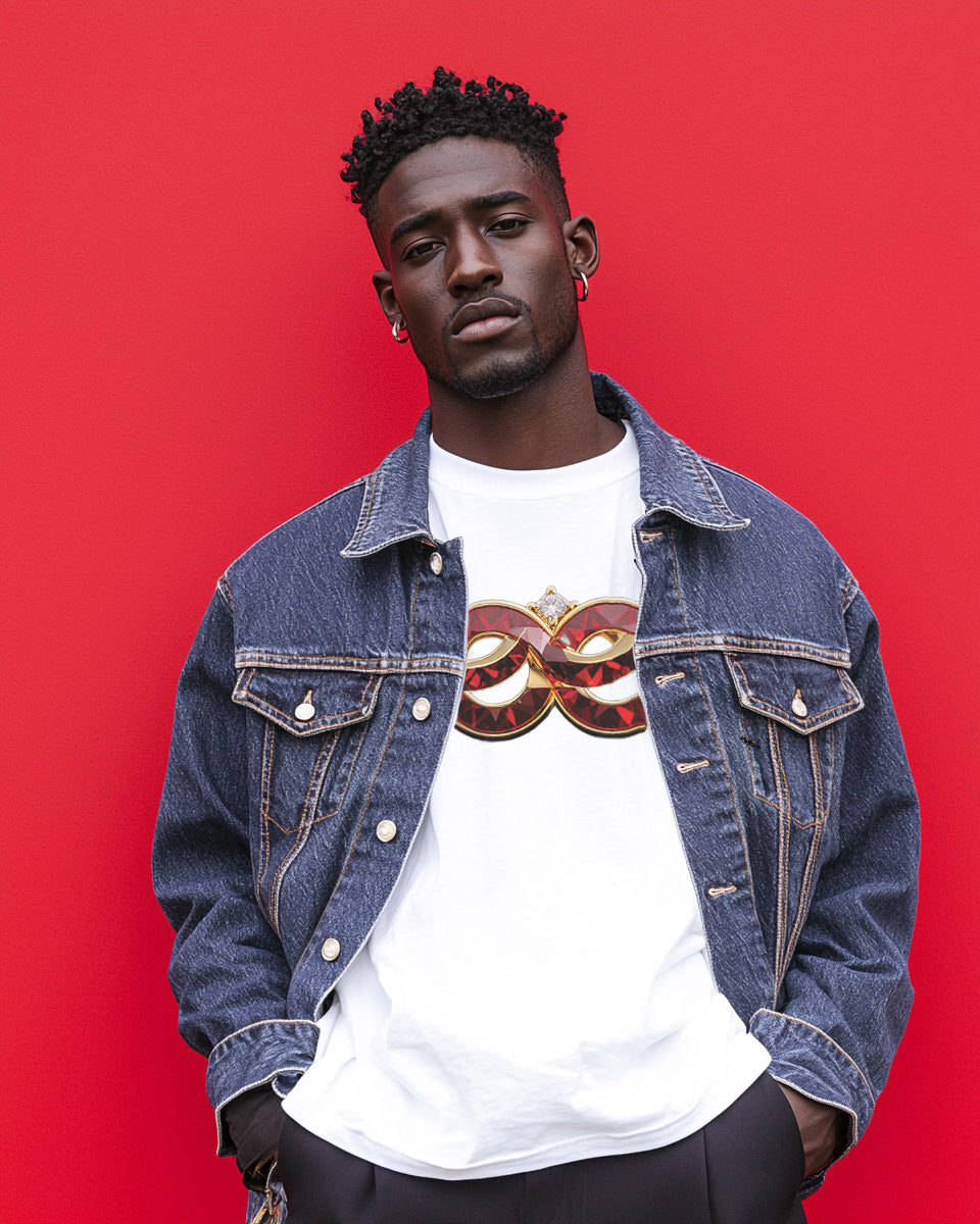 model wearing the red gem graphic tee in white layered with a denim jacket